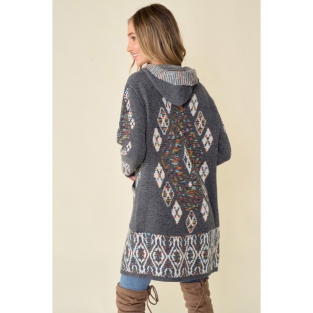 SOLD OUT Gray Aztec Tribal Rainbow Western Hooded Knit Open Cardigan Long Sleeve - Picture 3 of 9